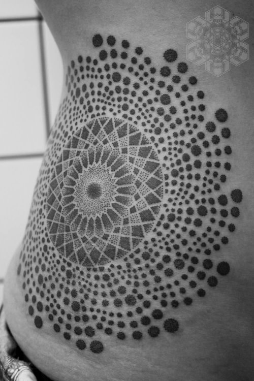 Mandala And Dot Work Optical Illusion Tattoo On Side Rib